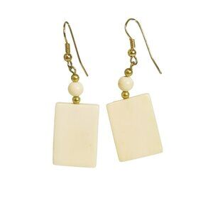 Vintage Carved Bovine Bone Dangle Earrings Rectangular Boho Tribal Style